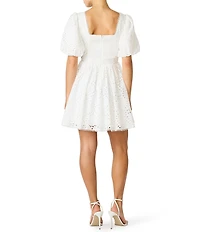 Steve Madden Briana Short Puff Sleeve Eyelet Drop Waist Mini Dress