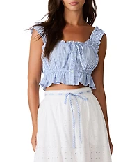 Steve Madden Brooklyn Gingham Print Scoop Neck Sleeveless Ruffle Hem Cropped Top