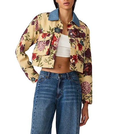 Steve Madden Caelan Floral Print Mixed Media Point Collar Long Sleeve Coordinating Cropped Jacket