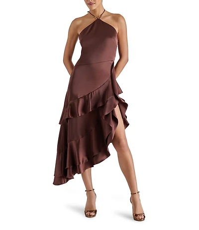 Steve Madden Caspia Solid Satin Halter Neck Asymmetrical Ruffle Midi Dress