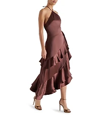 Steve Madden Caspia Solid Satin Halter Neck Asymmetrical Ruffle Midi Dress