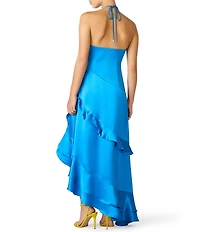 Steve Madden Caspia Solid Satin Halter Neck Asymmetrical Ruffle Midi Dress