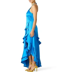 Steve Madden Caspia Solid Satin Halter Neck Asymmetrical Ruffle Midi Dress
