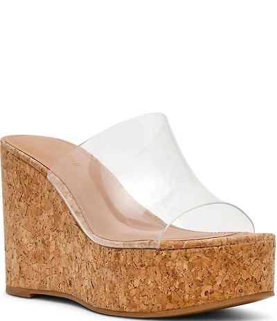 Steve Madden Cassi Cork Clear Vinyl Platform Wedge Slide Sandals