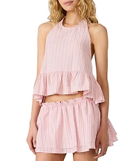Steve Madden Cerise Halter Neck Sleeveless High-Low Ruffle Hem Puckered Stripe Coordinating Top