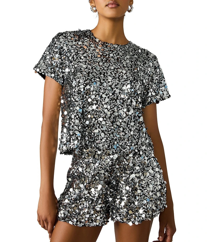 Steve Madden Cressa Crew Neck Short Sleeve Sequin Velvet Top