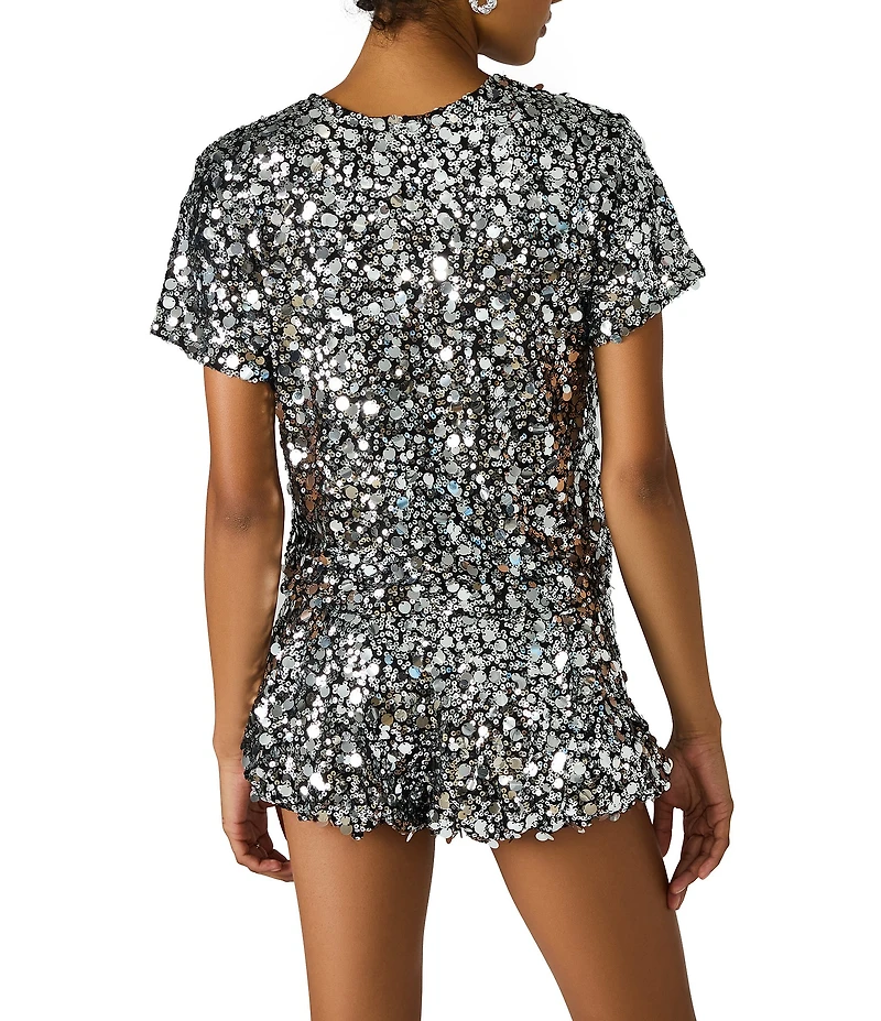 Steve Madden Cressa Crew Neck Short Sleeve Sequin Velvet Top
