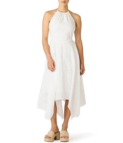 Steve Madden Dalina Embroidered Eyelet High Neck Sleeveless Tie Back Handkerchief Hem Midi Dress