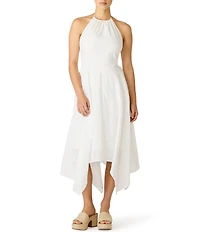 Steve Madden Dalina Embroidered Eyelet High Neck Sleeveless Tie Back Handkerchief Hem Midi Dress