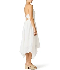 Steve Madden Dalina Embroidered Eyelet High Neck Sleeveless Tie Back Handkerchief Hem Midi Dress