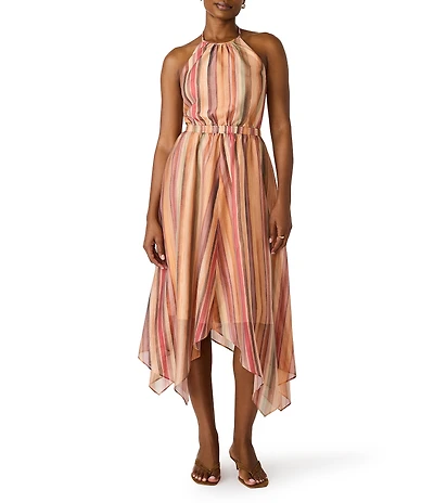 Steve Madden Dalina Stripe Print High Neck Sleeveless Dress Handkerchief Hem Midi Dress