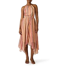 Steve Madden Dalina Stripe Print High Neck Sleeveless Dress Handkerchief Hem Midi Dress