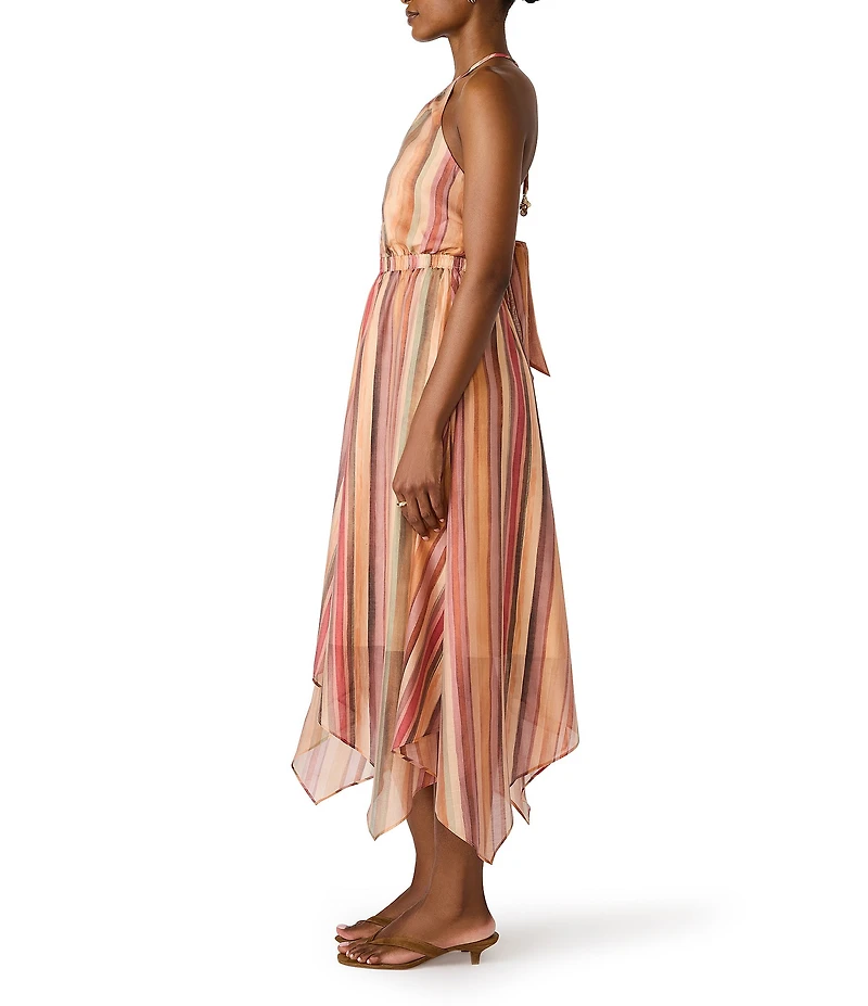 Steve Madden Dalina Stripe Print High Neck Sleeveless Dress Handkerchief Hem Midi Dress