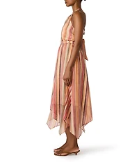 Steve Madden Dalina Stripe Print High Neck Sleeveless Dress Handkerchief Hem Midi Dress