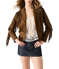 Steve Madden Dallas Collared Long Sleeve Fringe Faux Suede Jacket