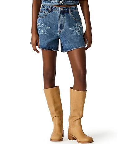 Steve Madden Dally Distressed Floral Mid-Rise Curved Hem Coordinating Denim Shorts