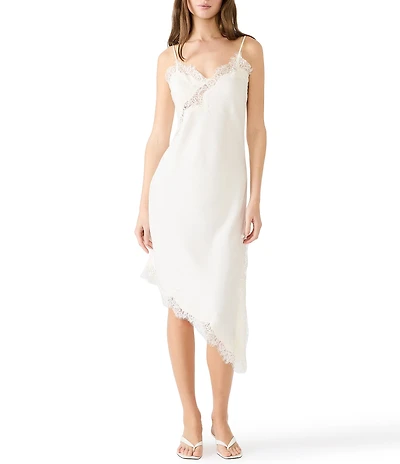 Steve Madden Danna Satin V-Neck Sleeveless Lace Asymmetrical Slip Dress