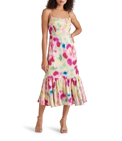 Steve Madden Danni Woven Floral Print Square Neck Sleeveless Fit and Flare Midi Dress