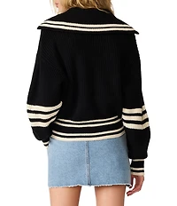 Steve Madden Dara Varsity Stripe Collard Long Sleeve Zip Front Sweater