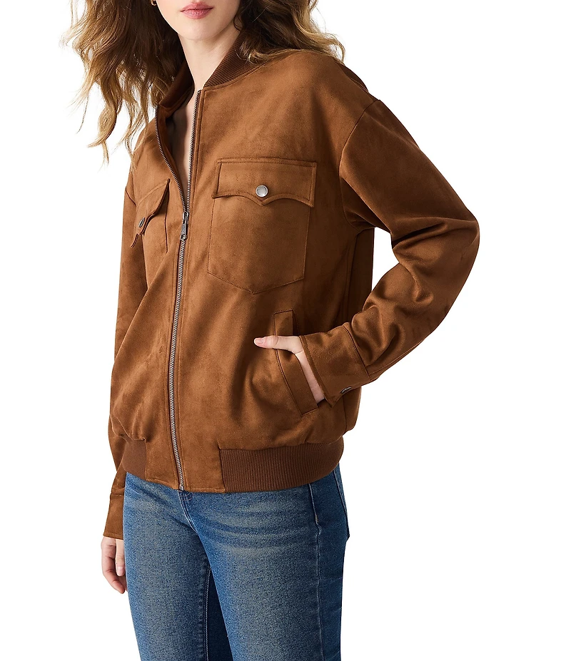 Steve Madden Dean Faux Suede Oversized Crewneck Zipper Front Long Sleeve Jacket