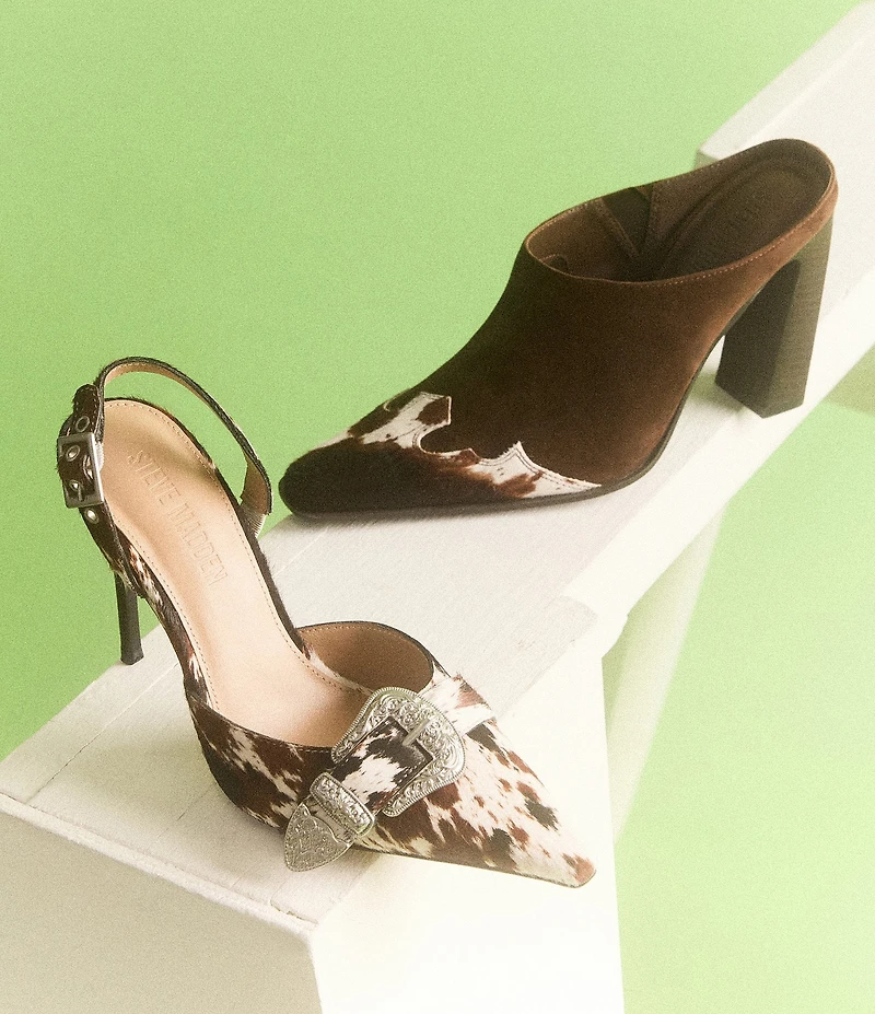 Steve Madden Delilah Cow Print Haircalf Western Buckle Slingback Pumps