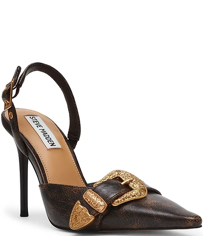 Steve Madden Delilah Distressed Leather Western Buckle Hardware Slingback Pumps