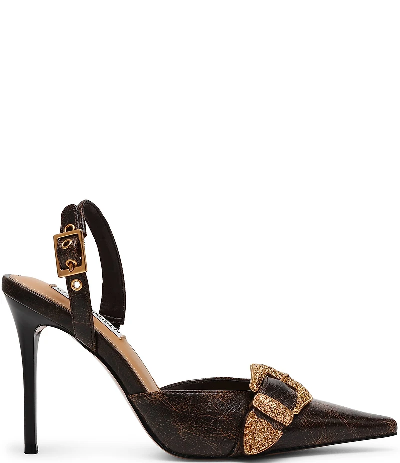 Steve Madden Delilah Distressed Leather Western Buckle Hardware Slingback Pumps
