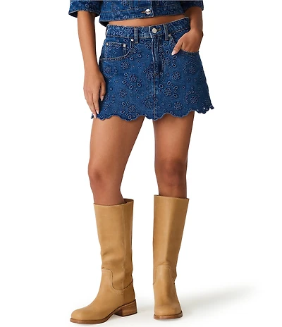 Steve Madden Delilah Embroidered Eyelet High Rise Coordinating Denim Skort