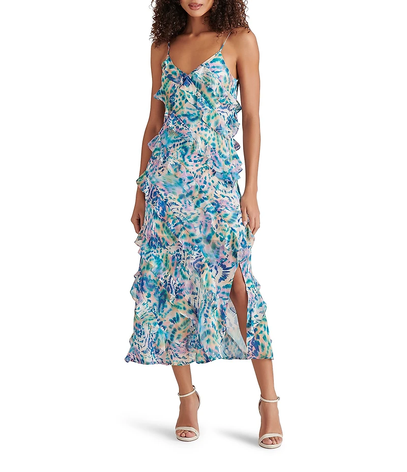 Steve Madden Dion Woven Floral Print V-Neck Sleeveless Asymmetrical Ruffle Slip Midi Dress
