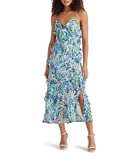 Steve Madden Dion Woven Floral Print V-Neck Sleeveless Asymmetrical Ruffle Slip Midi Dress