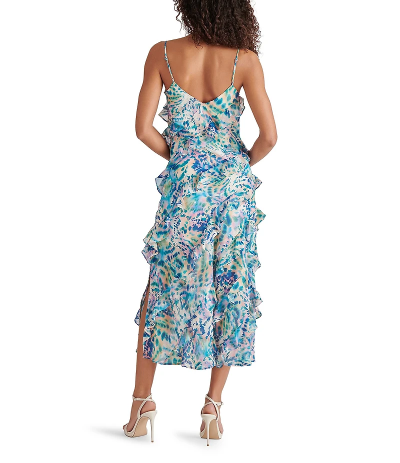 Steve Madden Dion Woven Floral Print V-Neck Sleeveless Asymmetrical Ruffle Slip Midi Dress
