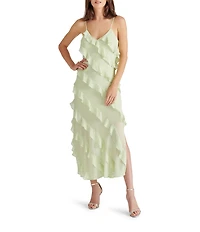 Steve Madden Dion Woven V Neck Sleeveless Asymmetrical Ruffle Slip Midi Dress