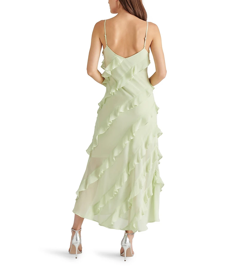 Steve Madden Dion Woven V Neck Sleeveless Asymmetrical Ruffle Slip Midi Dress