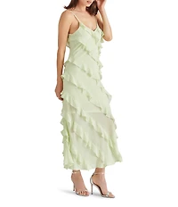 Steve Madden Dion Woven V Neck Sleeveless Asymmetrical Ruffle Slip Midi Dress