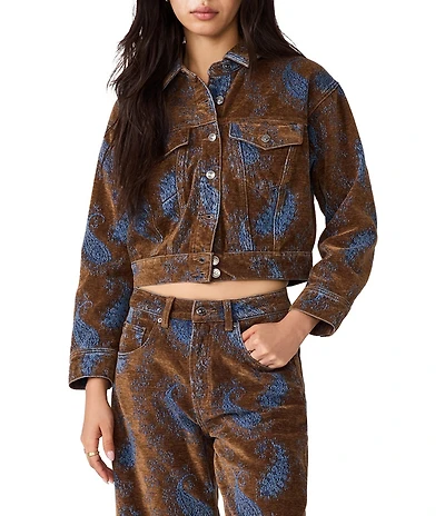 Steve Madden Dove Flocked Jacquard Paisley Collared Long Sleeve Coordinating Denim Jacket