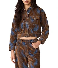 Steve Madden Dove Flocked Jacquard Paisley Collared Long Sleeve Coordinating Denim Jacket