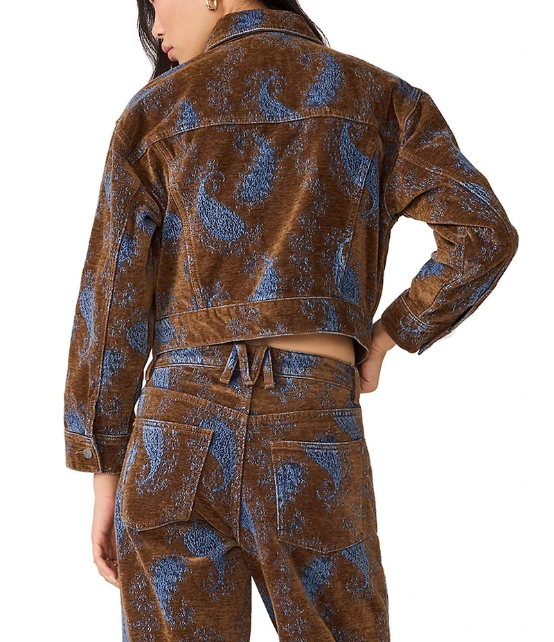 Steve Madden Dove Flocked Jacquard Paisley Collared Long Sleeve Coordinating Denim Jacket