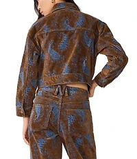 Steve Madden Dove Flocked Jacquard Paisley Collared Long Sleeve Coordinating Denim Jacket