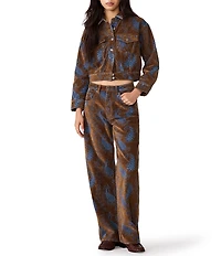 Steve Madden Dove Flocked Jacquard Paisley Collared Long Sleeve Coordinating Denim Jacket