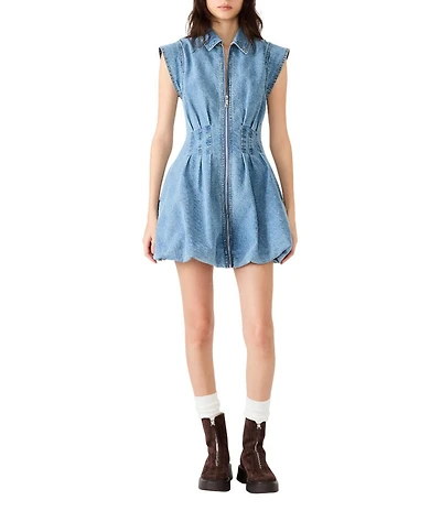 Steve Madden Dyanne Collared Neck Cap Sleeve Bubble Hem Denim Mini Dress