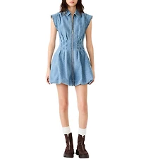Steve Madden Dyanne Collared Neck Cap Sleeve Bubble Hem Denim Mini Dress