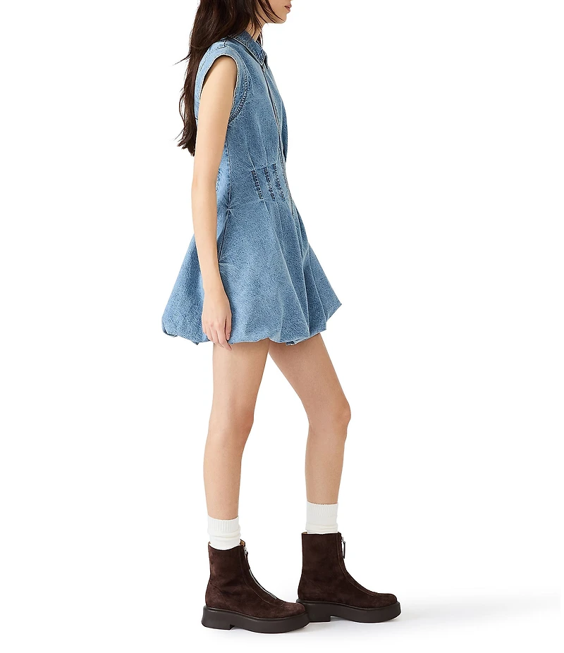 Steve Madden Dyanne Collared Neck Cap Sleeve Bubble Hem Denim Mini Dress