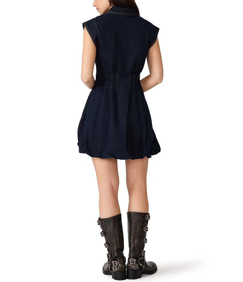 Steve Madden Dyanne Denim Collared Cap Sleeve Zip Front Bubble Hem Mini Dress