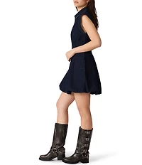 Steve Madden Dyanne Denim Collared Cap Sleeve Zip Front Bubble Hem Mini Dress