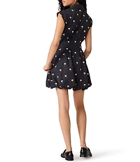Steve Madden Dyanne Floral Embroidered Collared Cap Sleeve Zip Front Bubble Hem Twill Mini Dress