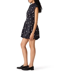 Steve Madden Dyanne Floral Embroidered Collared Cap Sleeve Zip Front Bubble Hem Twill Mini Dress