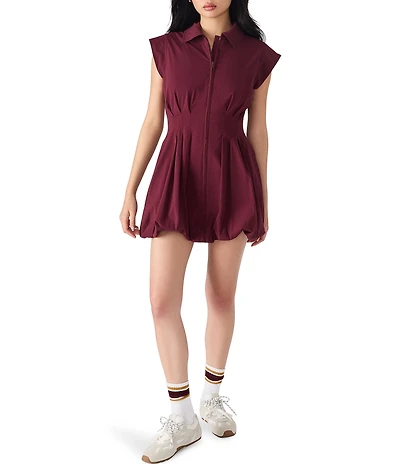 Steve Madden Dyanne Point Collar Neck Cap Sleeve Zip Front Bubble Hem Mini Dress