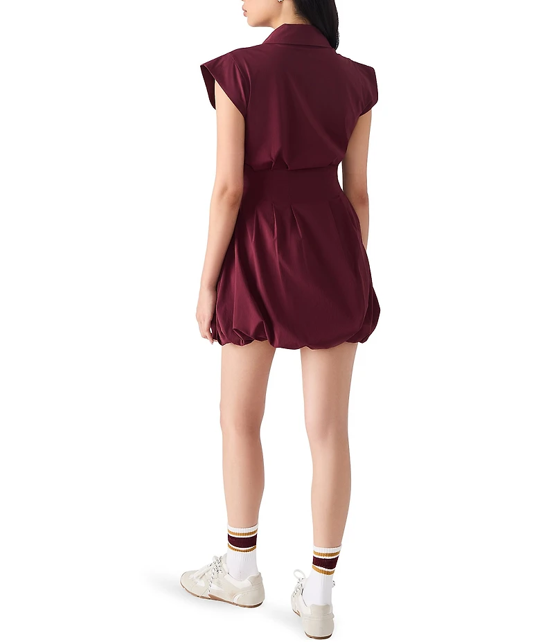 Steve Madden Dyanne Point Collar Neck Cap Sleeve Zip Front Bubble Hem Mini Dress