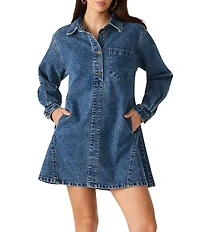 Steve Madden Edith Collard Long Sleeve Denim Mini Shirt Dress