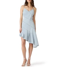 Steve Madden Ellis V-Neck Sleeveless Spiral Ruffle Asymmetrical Hem Denim Midi Dress